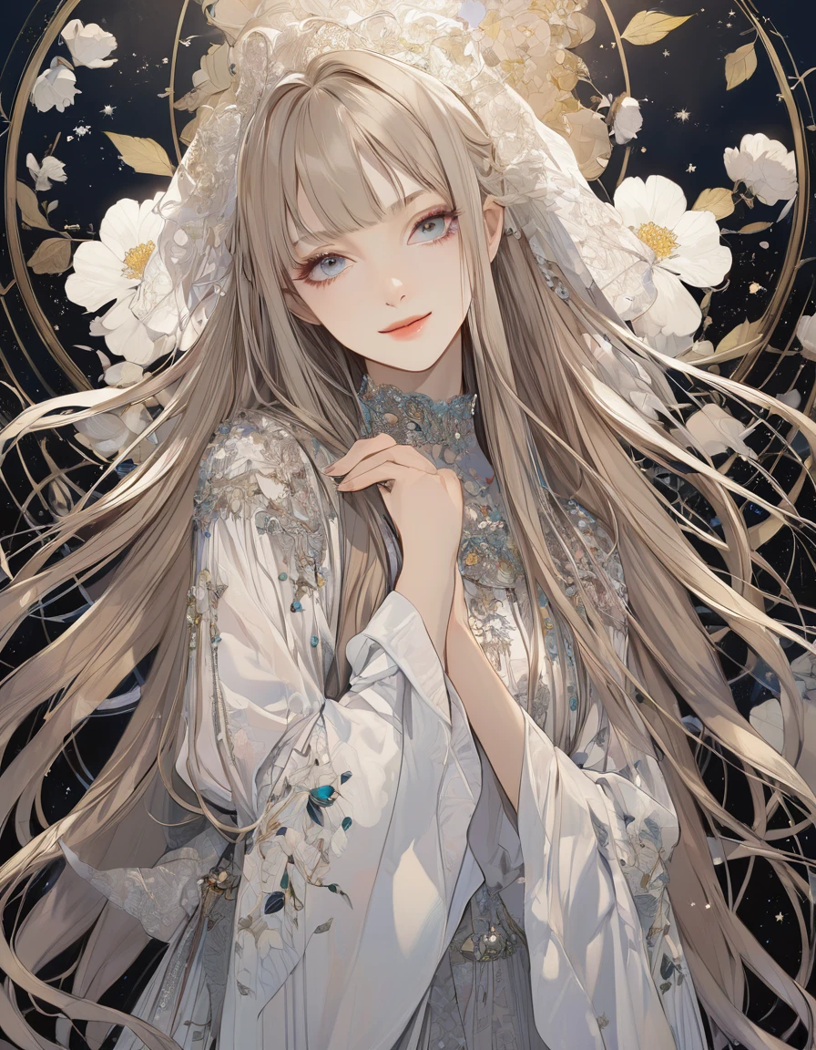 (in style of Harry Clarke:0.5),(in style of Santiago Caruso:0.7), 1girl,Long hair,hair,peaceful look,smile look, Beat Clothing,Delicate girl's facial makeup, BREAK flower background,(flower foreground:1.6),( background blurred:1.7),from_Side,figure-centered composition,look up,(photo:1.4),(authentic:1.5),mid_shot,looking at viewer,(blurry foreground:1.8),Atmospheric violet