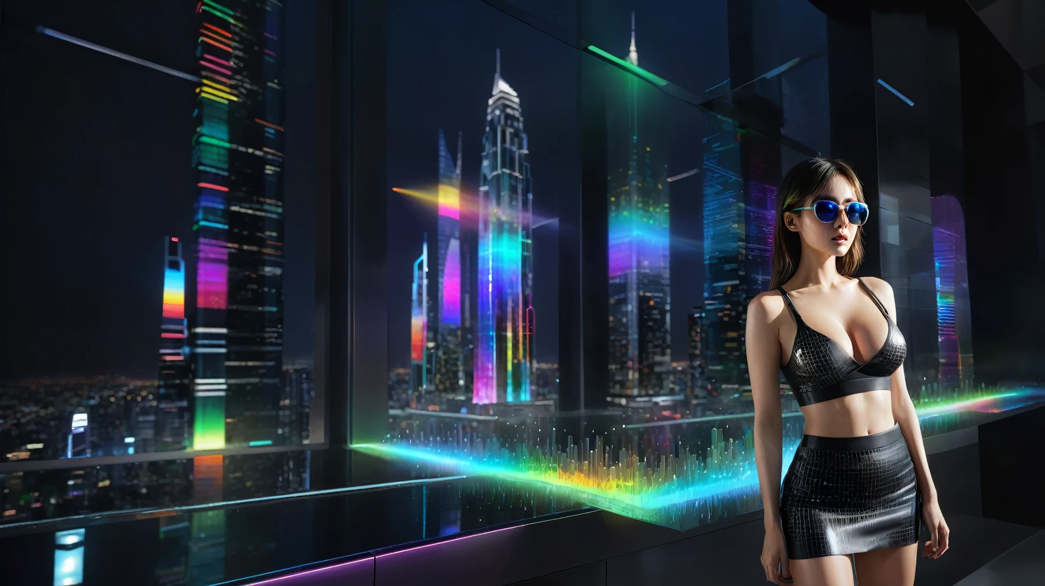 A futuristic cityscapes with colorful all-glass towering skyscrapers, sleek aerodynamic vehicles speeding through the air, rainbow colors waterfalls. High-resolution OLED GUI interfaces in the building, The windows are filled with transparent data visualization infographics that show it all, from weather patterns to traffic flow, Matrix cascading code. Colors are saturated and vibrant. At night, (1girl, solo), photo realistic, medium-breast:1.3 slim body, cleavage, sling top, miniskirt, (matrix style black sunglasses, holding a short gun), half-body thigh level medium shot, cinematic lighting, ray tracing.