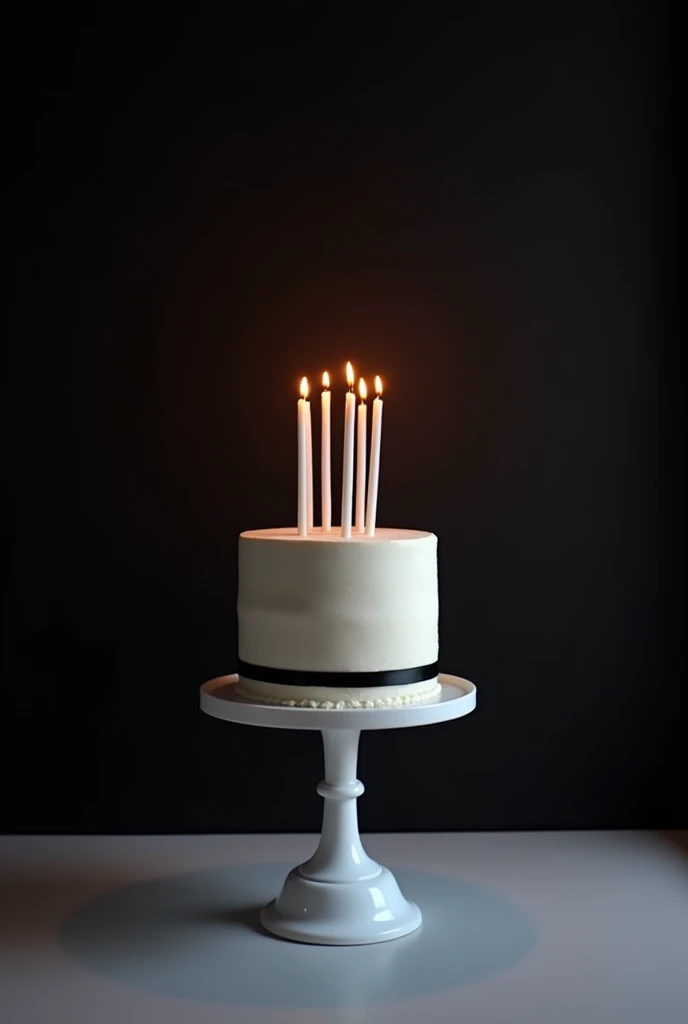 A realistic picture of simple birthday cake ( with beautiful and elegant and minimalistic decorations, white cake with black ribbons),on top of it long straight candles for my Instagram story, the background black wall, the lights are of and there is a flashlight,