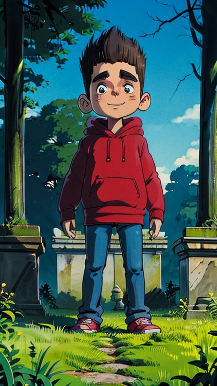 (1boy, solo, highly insanely detailed, masterpiece, top quality, best quality, highres, 4k, 8k, RAW photo),((innocent look)),((Childish)),From the front, symmetrical composition,smile,cute,Innocent,Kind eyes, ghibli style, creepy old cemetry, full body, norman,thick eyebrows, hoodie,