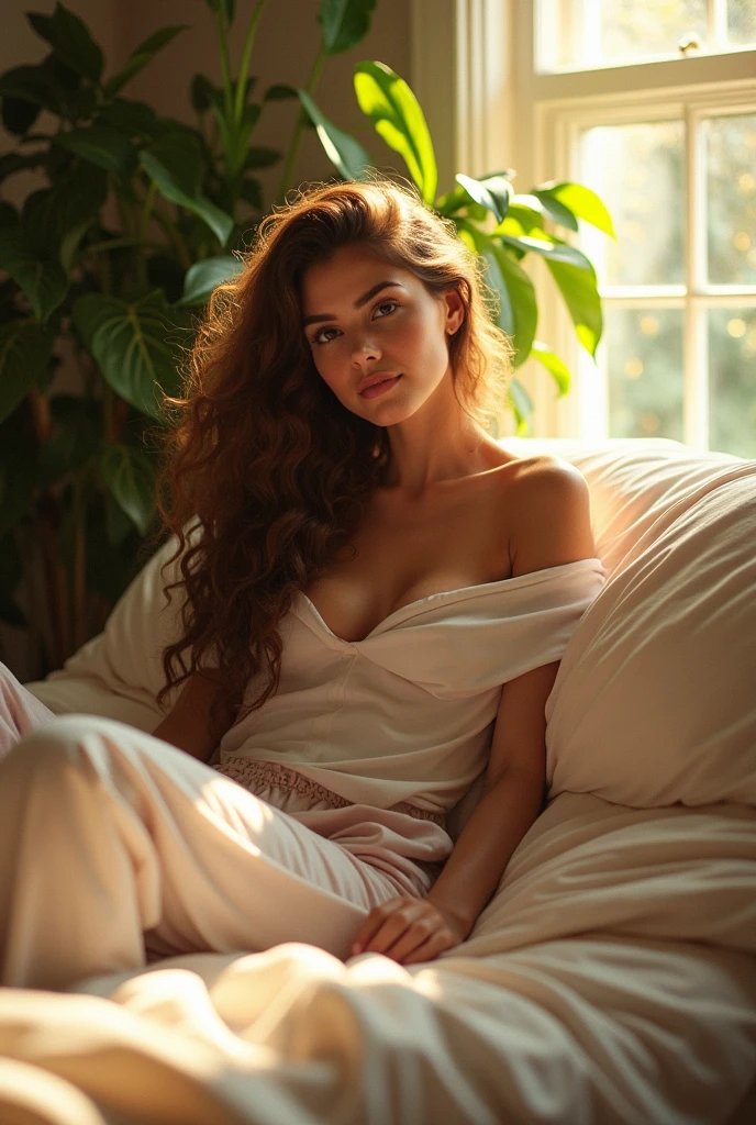 (photorealism:1.2), beautiful woman, sitting on bed, wearing loose off-shoulder top, pajama pants, long curly hair, indoors, soft lighting, plants in background, window with sunlight, cozy room, relaxed pose, realistic, intricate details, warm colors, by Greg Rutkowski, by Alphonse Mucha