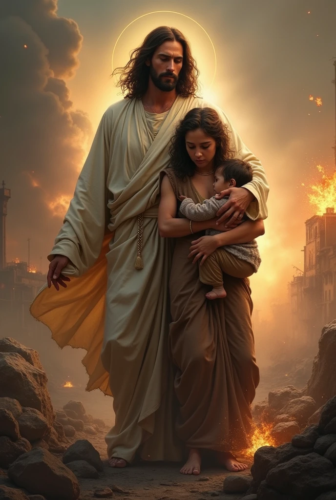 In a war place Jesus is protecting a women by standing back of her 