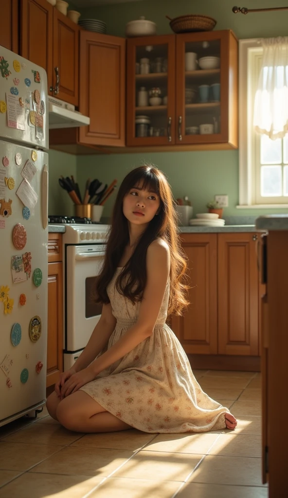 One with long hair、young woman with bangs,A model who looks as beautiful as a magazine cover,Sitting on the floor in a cozy vintage kitchen。She was wearing a light sleeveless floral patterned dress,Exudes a soft and refined scent。The kitchen is cozy、nostalgic atmosphere,Comes with wooden cabinets、Refrigerator covered with magnets and sticky notes and beige tiles with traditional design,Emphasis on sophistication and nostalgia。。Warm and soft lighting,create a soft、warm atmosphere。Woman's expression thoughtful,Slightly melancholy,Adds depth and emotion to the scene。
• Resolution:High resolution (300 dpi) Imaging ensures fine details are captured。
• Aperture:Use a wide aperture(f/2.0)shot,Produce shallow depth of field,Softly blurred background,Keep the focus on women。
• Shutter speed:Moderate shutter speed(1/100 sec)Scenes that can capture natural movements,maintain clarity,without any motion blur。
• ISO:Low ISO (100) Used to minimize noise and maintain image clarity。
• Color temperature:Imagery and Warm Colors(About 5000K)Keep it balanced,Enhance the cozy atmosphere of the kitchen。
• Exposure:Increase the exposure slightly to highlight the female features and the soft ambient light in the room。
• Photosensitive element:使用全片幅感光元件shot,Ensure rich color depth and dynamic range。
• Lighting:Natural light streams in from nearby windows,Soften the light through diffused curtains,Casts soft shadows and adds depth to the scene。
• Post-production:Use minimal post-processing to preserve nature、Warm atmosphere,and adjust the contrast and brightness slightly to enhance the overall mood。