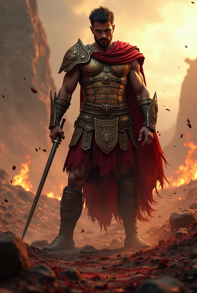 Logo para mi play station 5, of a Greek warrior with blood and destruction around him
