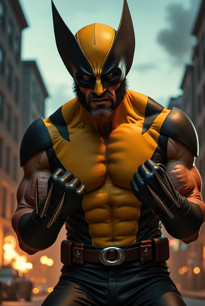 Wolverine hugh jackman yellow suit angry pose open mask