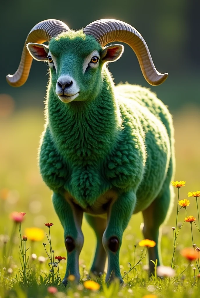 A strong, muscular adult lamb with a vibrant green coat and tufts of golden wool on its back, long, backward-curving horns, and intense eyes that reflect his strength and energy.