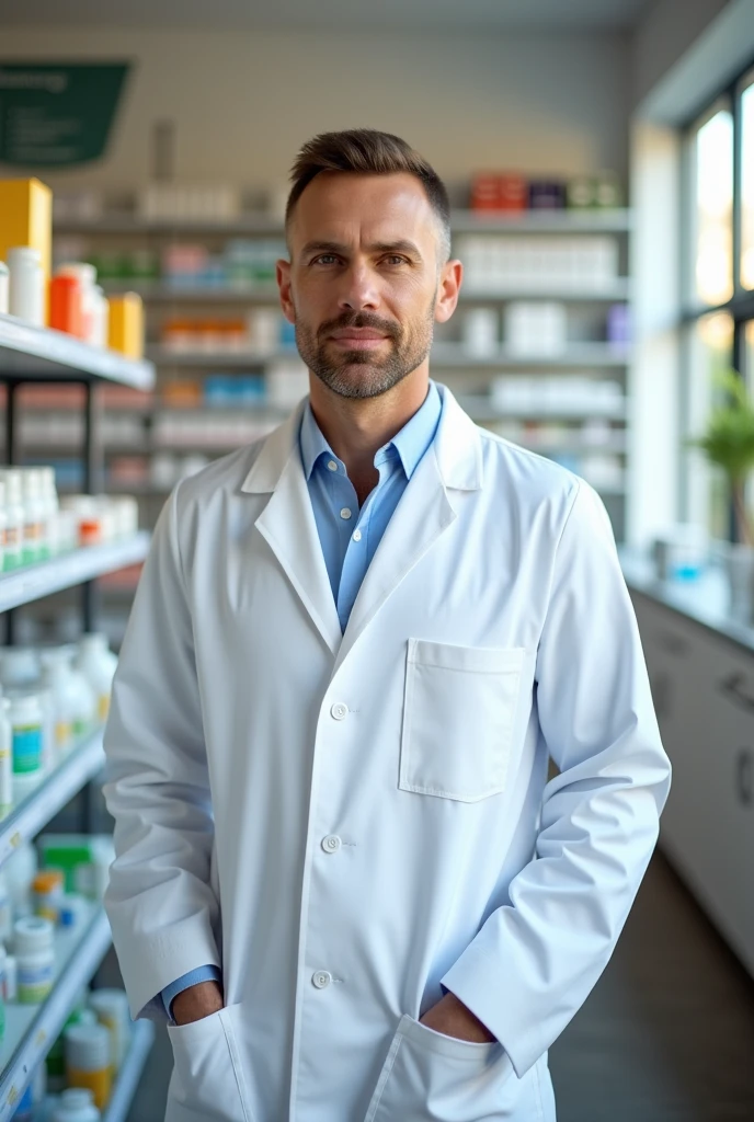 Give me a short haired pharmacist standing with his face straight and his hands hanging down