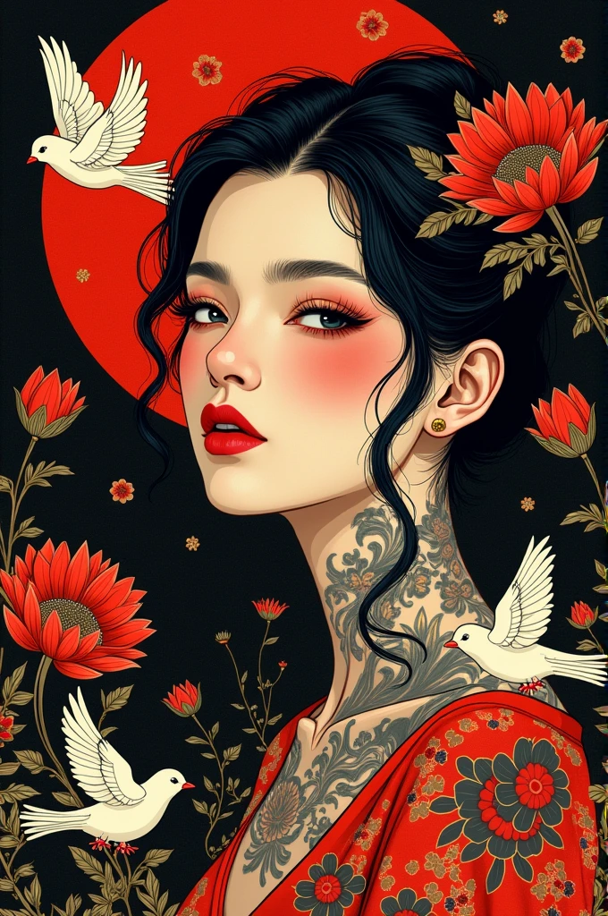 ((best quality)), ((masterpiece)), (detailed), ((perfect face)), surreal, art nouveau, sparrows, fantasy, graphic novel, line drawing, japanese, traditional, vintage, elegant, chic, sophisticated, tattooed face, vibrant reds, stark blacks, gold details,