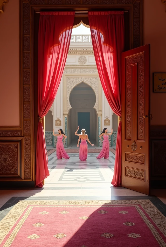 photorealism:1.2), Empty indoors in a well lit pink harem room, seen from the door that leads to the rest of an Arabic pink palace, the sign reads "Harem del Sultán" on the wall, realistic, intricate details, high resolution, masterpiece, highly detailed, practicing their sexy Arabic dance moves