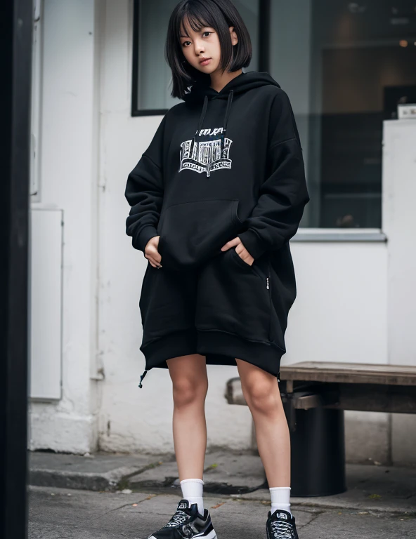 18-year-old female,Black hoodie,Het Fong,Black and white sneakers,Are standing,Erotic,Expose,tits,Color