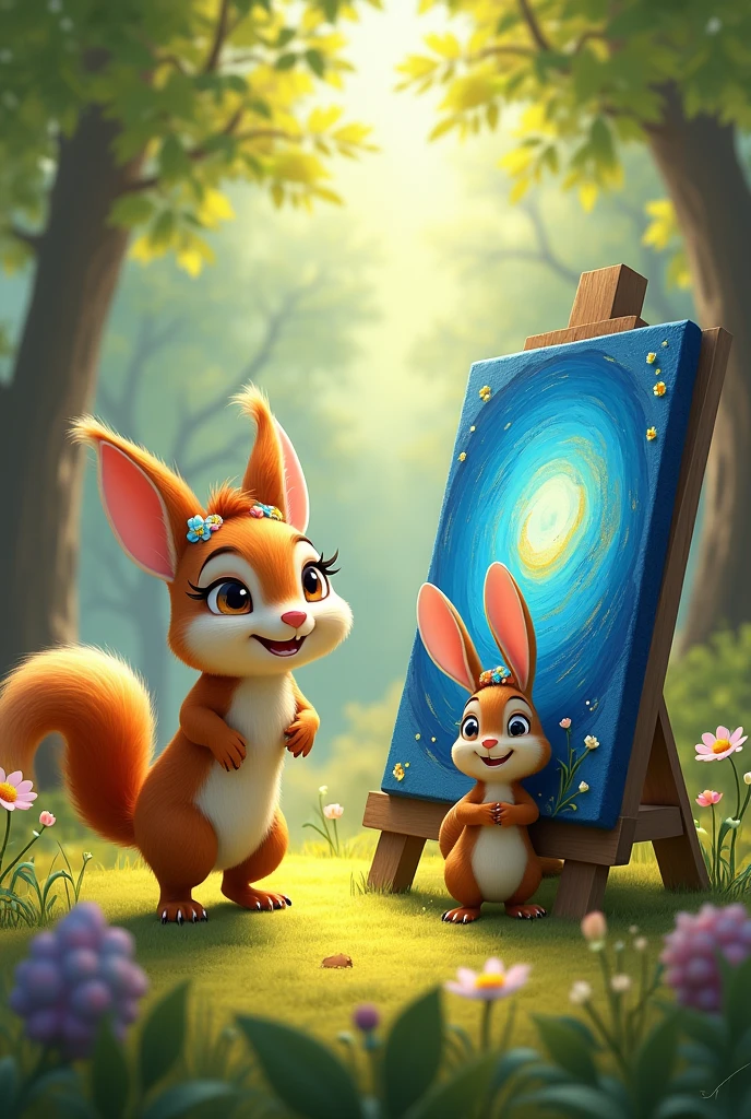 Luna (a cartoomic squriell) : Wow, Benny(rabbit) ! Your painting is magical!