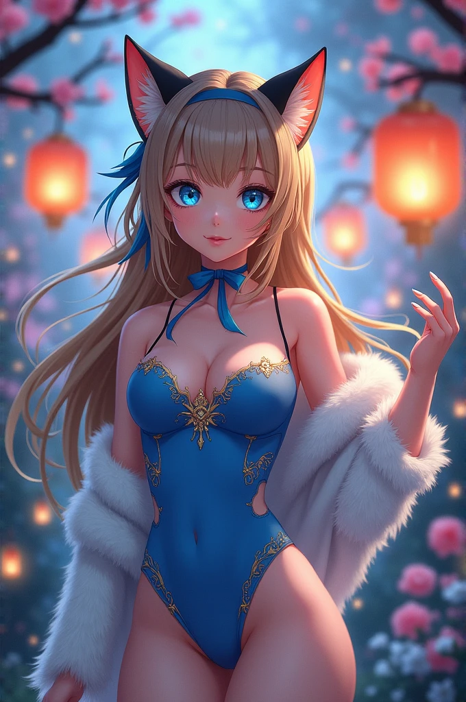 Girl with light brown hair, with a blue lock, white fur and two black cat ears with blue costume, with sky blue eyes and a sensual body