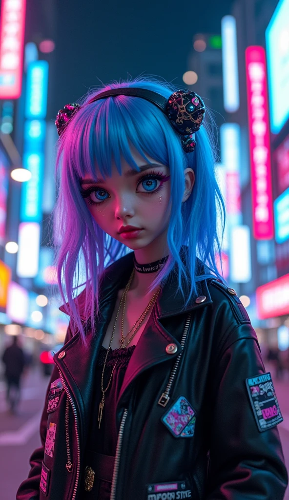 full body image of a stylized character with a futuristic, cyberpunk aesthetic. The character has bright blue hair with purple highlights, and their eyes are enhanced with blue and pink makeup, giving them a cybernetic appearance. They wear a black jacket with pink and blue accents, and there are various patches and patterns. standing with a futuristic designed pet drone. The background suggests a neon-lit urban environment, which is typical of the cyberpunk genre. The overall look is bold and fashionable, with a strong emphasis on technology and modern, high-tech fashion,