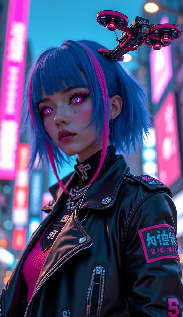 full body image of a stylized character with a futuristic, cyberpunk aesthetic. The character has bright blue hair with purple highlights, and their eyes are enhanced with blue and pink makeup, giving them a cybernetic appearance. They wear a black jacket with pink and blue accents, and there are various patches and patterns. standing with a futuristic designed pet drone. The background suggests a neon-lit urban environment, which is typical of the cyberpunk genre. The overall look is bold and fashionable, with a strong emphasis on technology and modern, high-tech fashion,