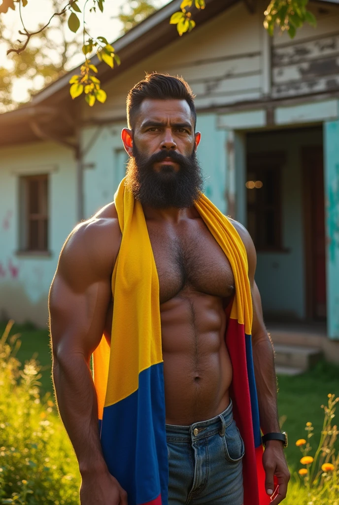 man strong, bearded and hairy man covered with El Salvador flag towel, in the back of an old house.