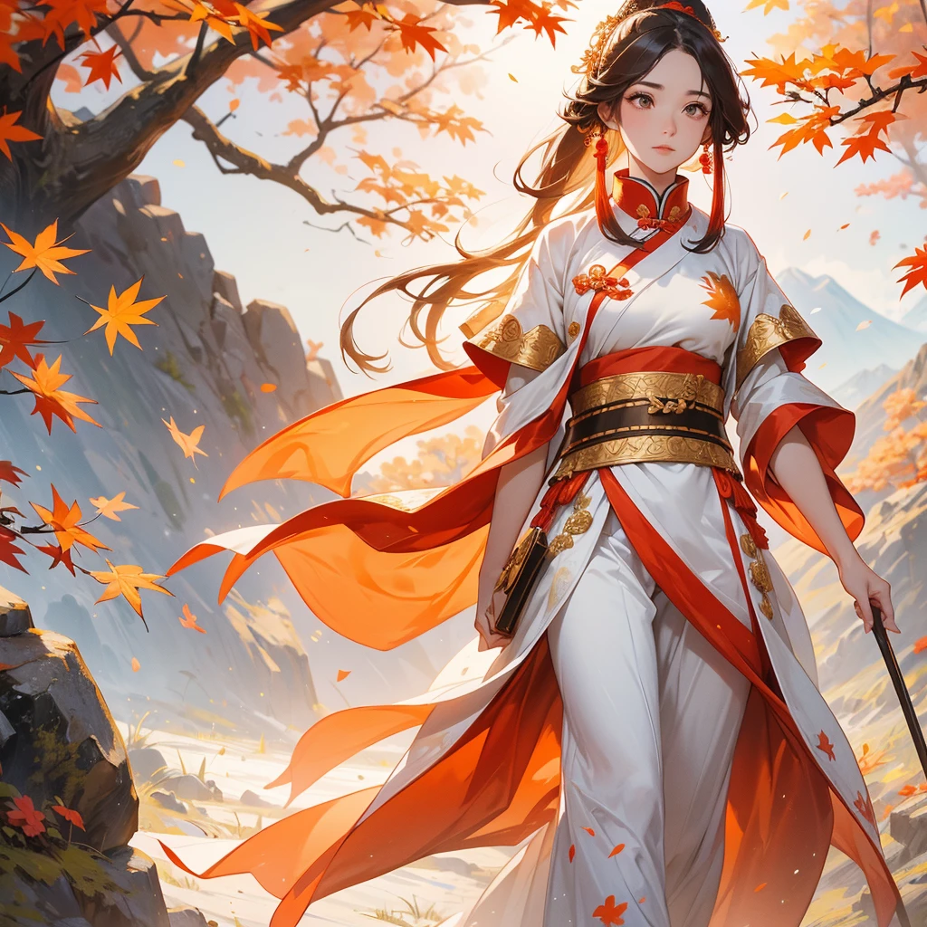 A beautiful female general holding a big spear in white ancient Chinese general costume, walking In the middle of a spring mountain ,the backdrop is a mountain that turns orange-red in spring, and maple leaves fall from the trees.The sun shines and the sun rises, close up.