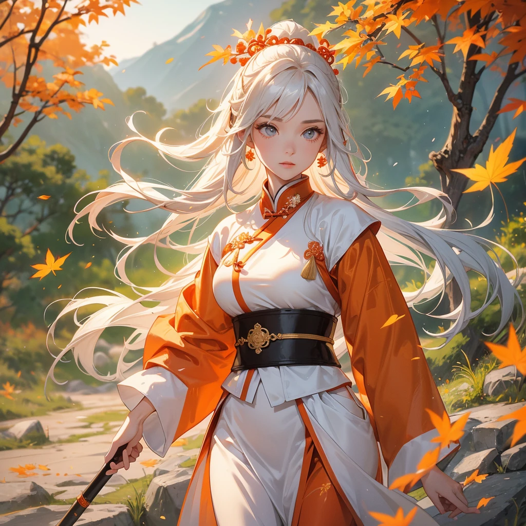 A beautiful female general holding a big spear in white ancient Chinese general costume, walking In the middle of a spring mountain ,the backdrop is a mountain that turns orange-red in spring, and maple leaves fall from the trees.The sun shines and the sun rises, close up.