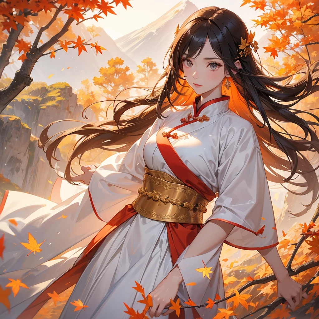 A beautiful female general holding a big spear in white ancient Chinese general costume, walking In the middle of a spring mountain ,the backdrop is a mountain that turns orange-red in spring, and maple leaves fall from the trees.The sun shines and the sun rises, close up.