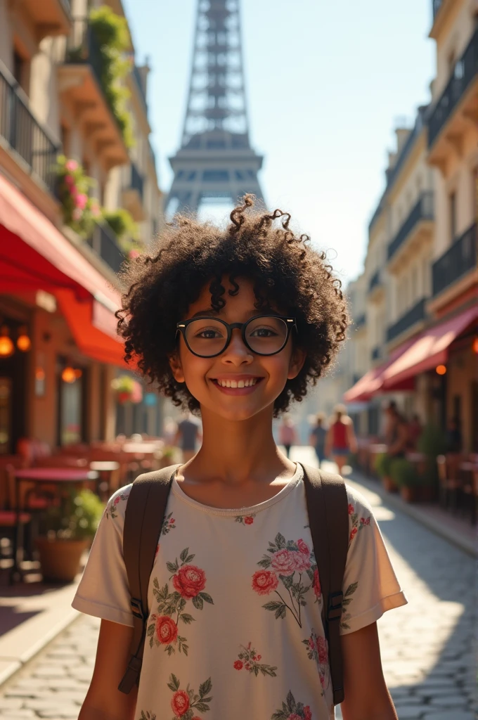 Generate me a pretty girl in Paris with short black curly hair who wears glasses has white skin and is a little fat and with a beautiful smile , the girl is 14-