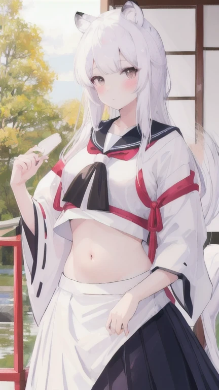 (best quality, masterpiece), 1 girl, centaur, I beg, White skin, Japanese schoolgirl,daughter,black pink, exposing the abdomen, belly button t-shirt , beautiful girl perfect, White tiger photo, 완벽한  White tiger photo