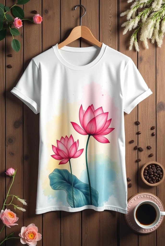 mockup of a loose white T-shirt with 2 pink lotus flowers drawn on the chest, embossed on a lotus leaf in pastel watercolor pink, yellow, and blue, with broken color streaks. Brown wooden background, deco with a few rice flowers, coffee beans, and coffee cups