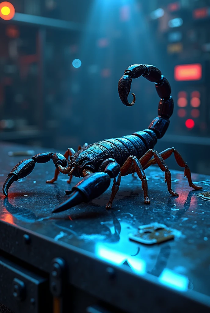 Drawing of a scorpion with a stinger shaped like a power cable with ground