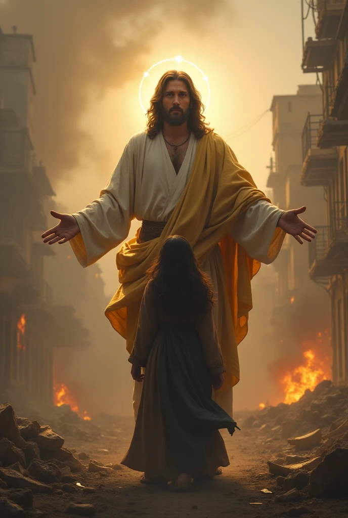 In a war place Jesus is protecting a women by standing back of her 