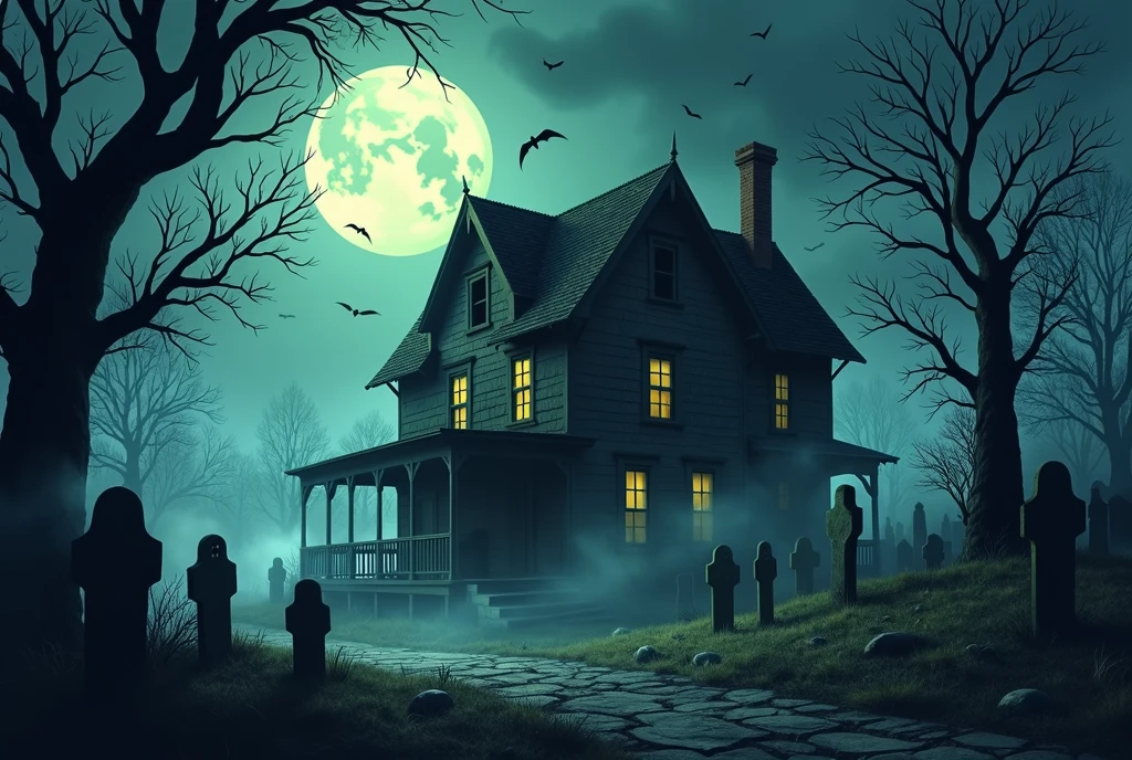Halloween background with ghost, house, spooky, skelet, grave and moon. High detailed realistic illustration