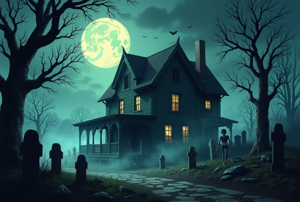 Halloween background with ghost, house, spooky, skelet, grave and moon. High detailed realistic illustration