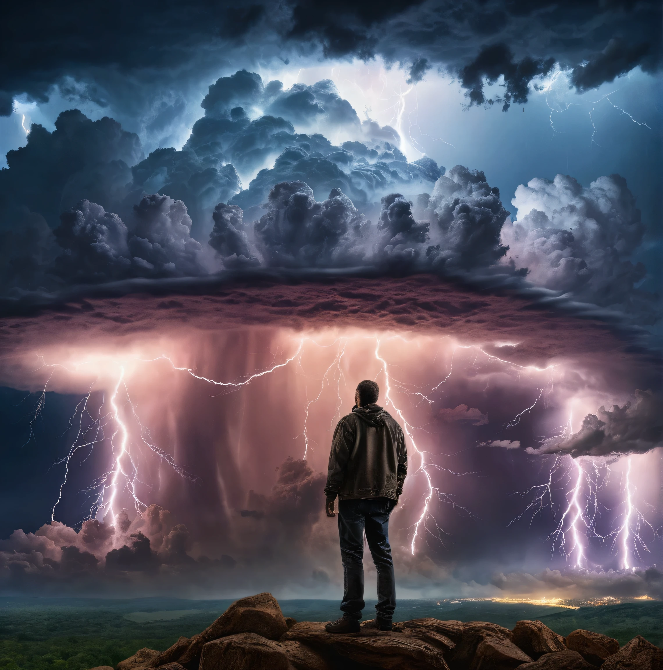 Man standing and watching a gorgeous thunderstorm in an apocalyptic setting