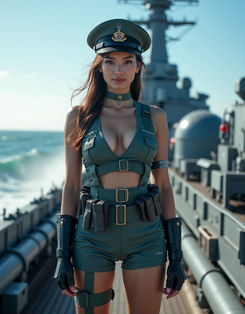 female soldier, sexy uniform, korean, Navy, Battleship on the sea