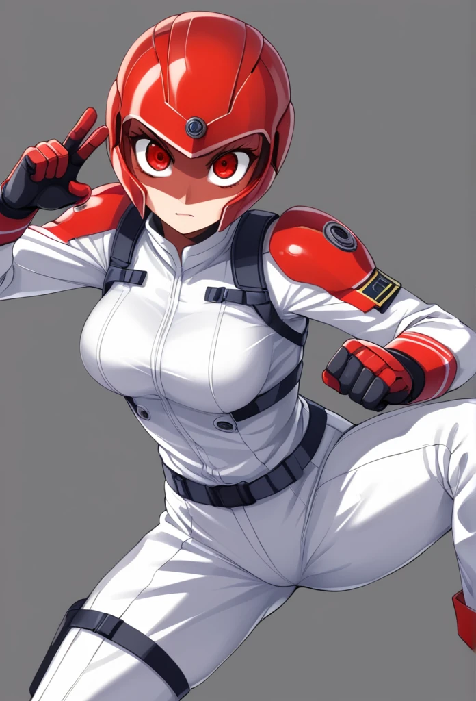 Wearing a revealing combat suit、Female Kamen Rider、miniskirt、Red big eye helmet、Combat pose