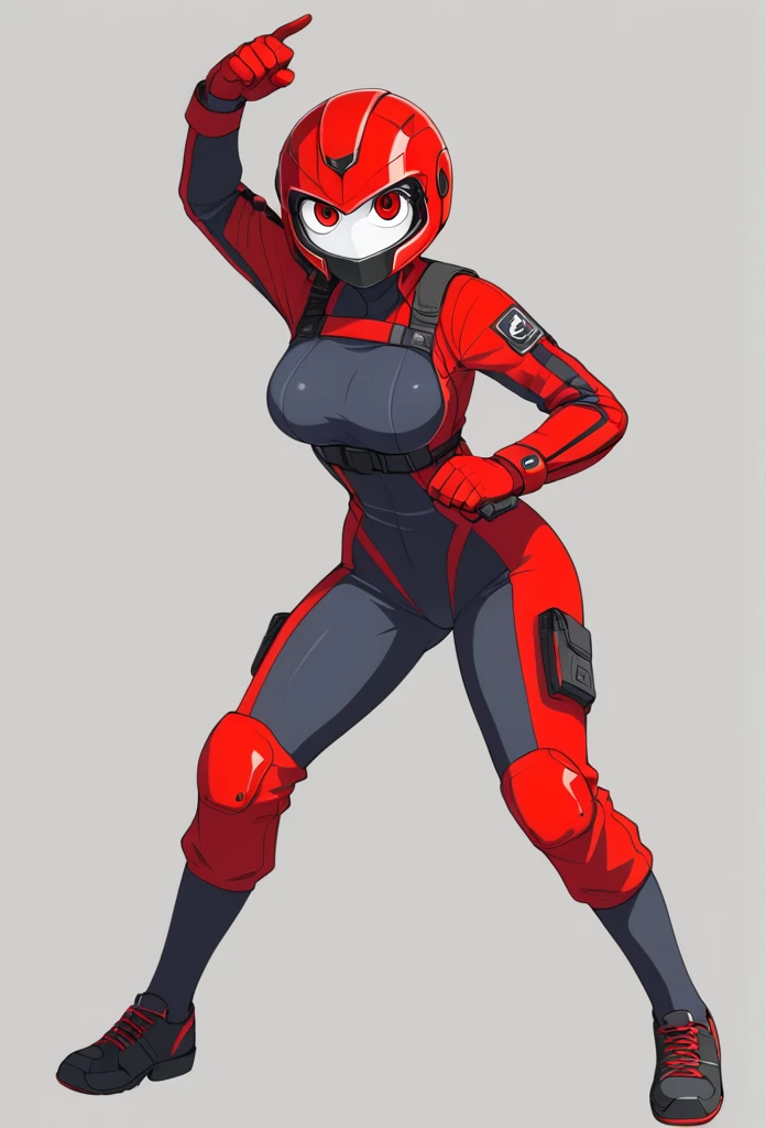 Wearing a revealing combat suit、Female Kamen Rider、miniskirt、Red big eye helmet、Combat pose