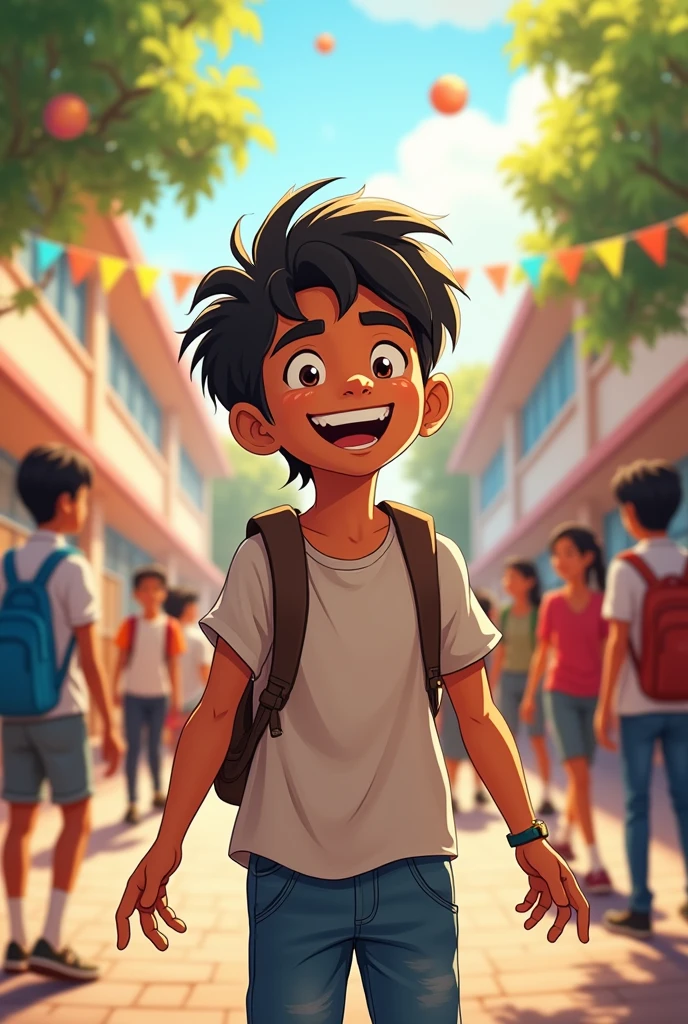 An Indian 13 years aged boy is smiling happily after knowing that he passed in the exam. He cheated on exam but even he's smiling.