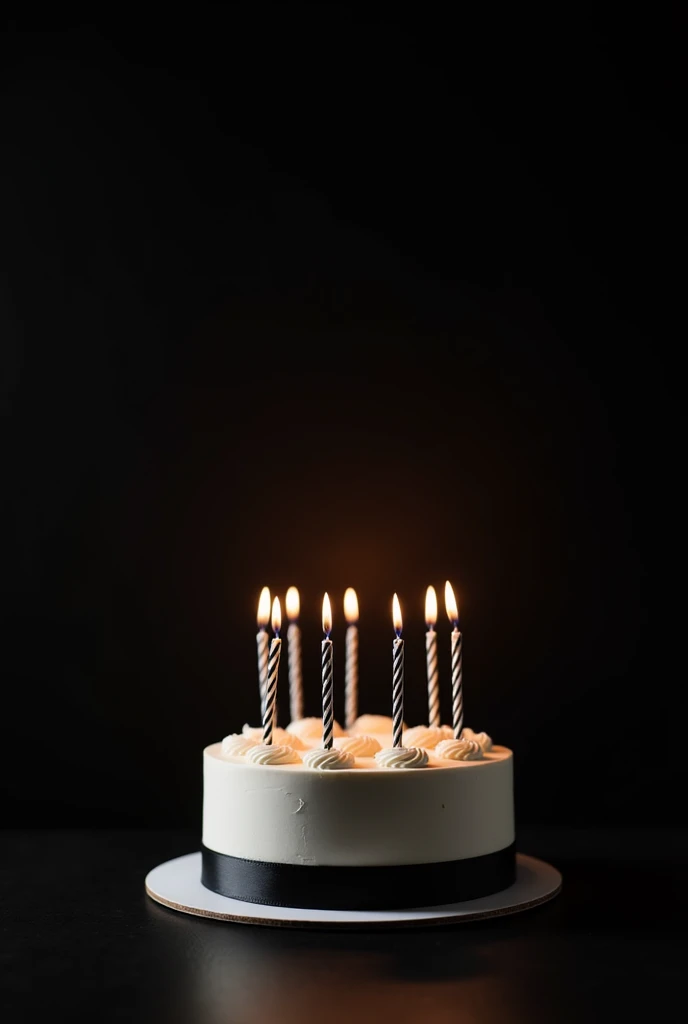 A realistic picture of regular size birthday cake ( with beautiful and elegant and minimalistic decorations, white cake with black ribbons),on top of it long straight candles for my Instagram story, the background black wall, the lights are of and there are flashlights, the cake is in the corner of the picture, 