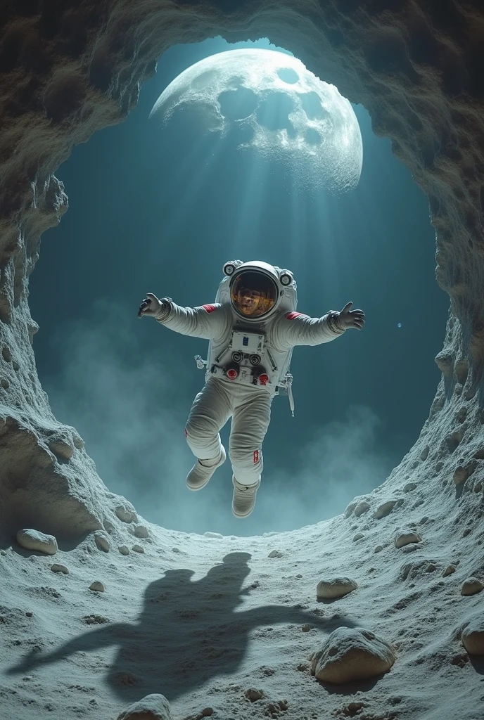 There is a person jumping on the moon, and inside the moon there is a room, and the person living in that room is looking up in fear.。The moon room is about to collapse