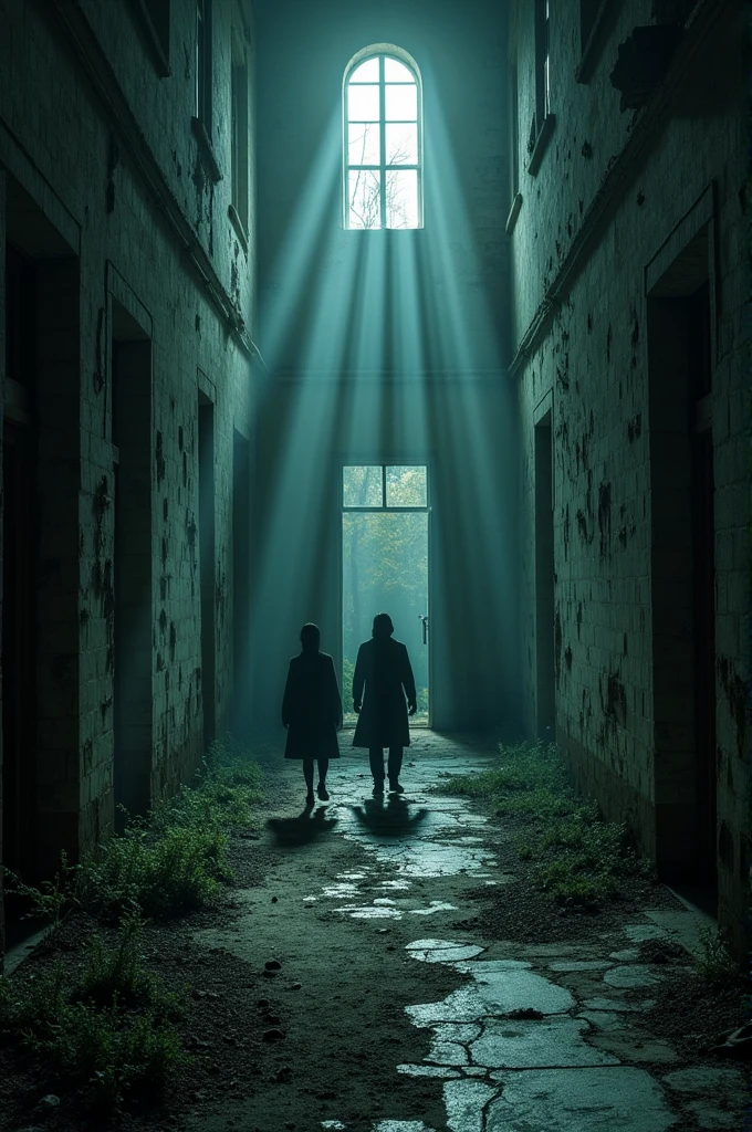 A haunting scene of shadowy figures wandering the grounds of the abandoned hotel, with ghostly footsteps echoing through the empty halls, and a sense of unshakeable dread in the air.