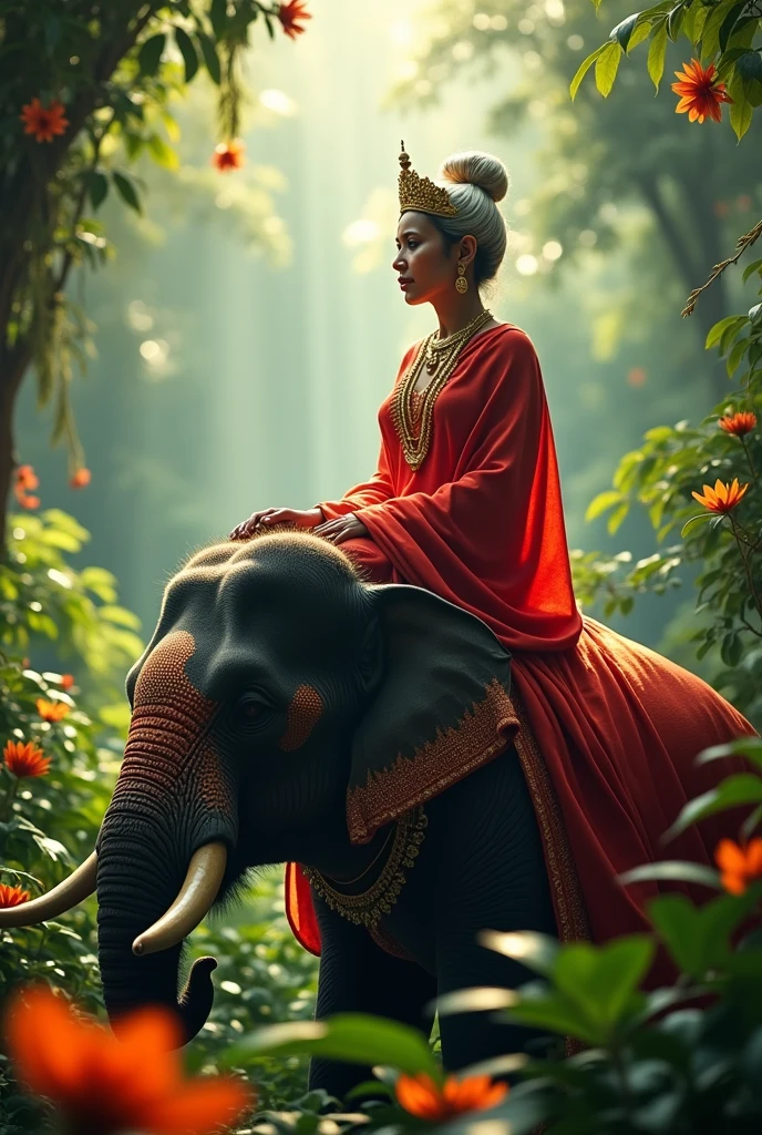 Photo of Maa Lakhu who is sitting on an elephant facing right and her sari is red and she is adorned with jewellery. This photo is in the jungle in left side pose. Goddess is look elder in age 