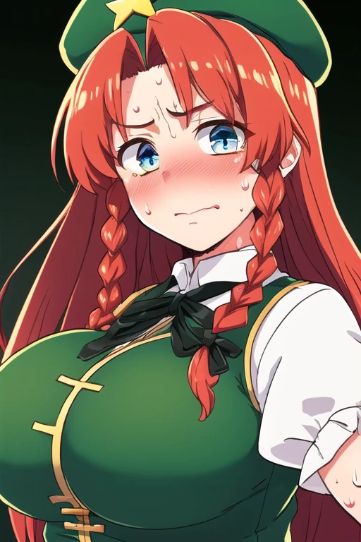 hong meiling, 1girl, solo, long hair, red hair, braids, blue eyes, (aroused facial expression), blush, sweat, (facing the viewer), (looking at the viewer), big breasts, muscular body, white shirt, puffy sleeves, short sleeves, green vest, black ribbon, gold trim, green beret, green hat, gold star, (close-up), (simple dark background)