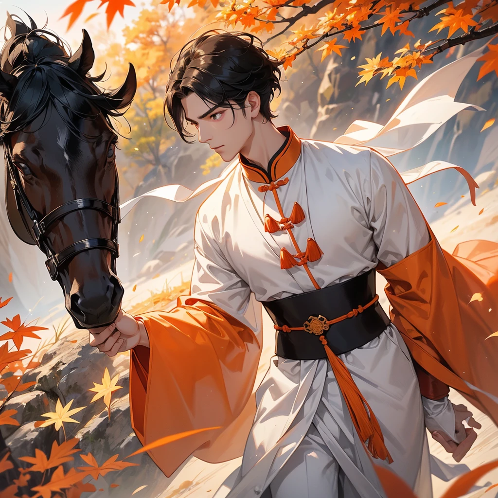 Handsome black-haired male general holding a large sword in white ancient Chinese general costume, walking In the middle of a spring mountain ,the backdrop is a mountain that turns orange-red in spring, and maple leaves fall from the trees.The sun shines and the sun rises, close up.