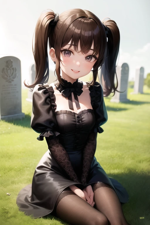 Girl with long dark brown hair with straight bangs in two pigtails, slightly slanted black eyes, black lips, black lolita style dress,sitting on a grave looking at the camera and smiling shyly in anime