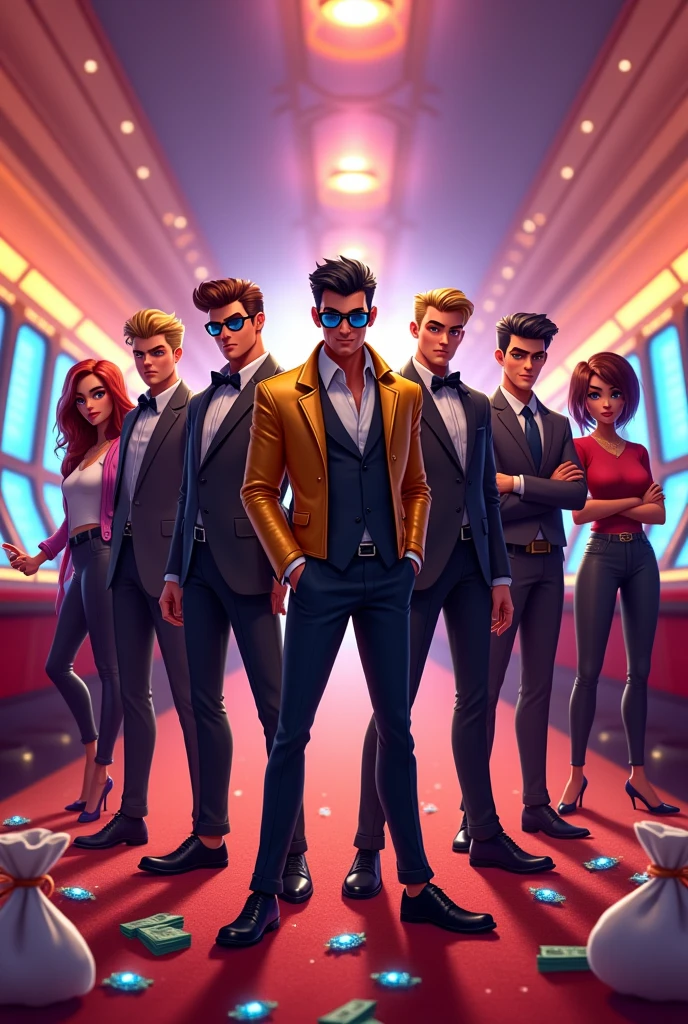 3D Fiction cartoonize 6 group members firing who done perfect diamonds heist stand in casino with guns bags money diamonds and hostages