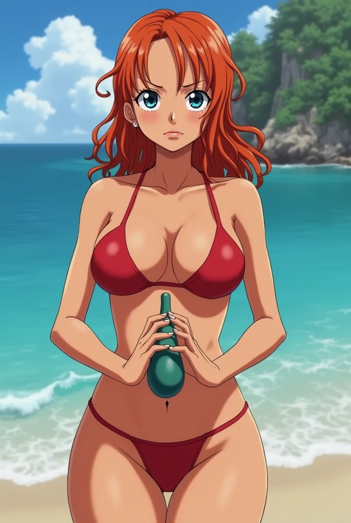 I want you to believe Nami, the character from One Piece, without clothes holding Luffy's penis with her hands and her two big tits, a big and beautiful ass