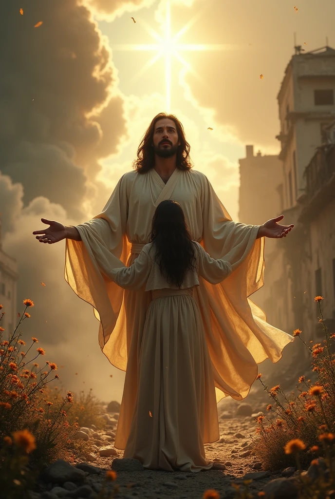 In a war place Jesus is protecting a women by standing back of her