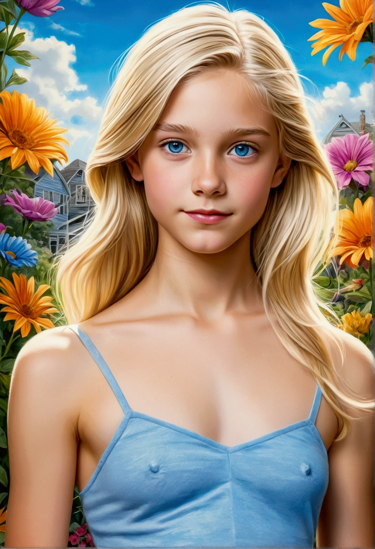 stunning cute, (),, prideful, hair blonde, blue color eyes, skinny, small breast, (An illustrated movie poster), (hand-drawn), full color, graphite shading, (airbrushed acrylic paint), masterpiece, naked, flower garden in the background, northern summer lighting,