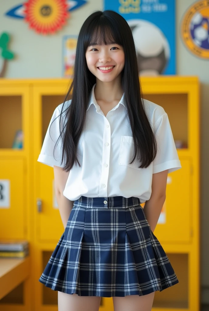 A smiling Japanese high school girl with straight black hair is changing clothes in the soccer club room.。
The uniform is a white shirt。
The mini skirt is navy blue。Gray checkered pattern with black overall。
Skirt length is shorter than above the knee。
The length of the hair is very long。
The bangs are neatly trimmed and cover the eyebrows.。
Nogizaka46-ish 。
Height: 180cm。 Model-like. Both of their faces are visible, so it's almost like a photograph.