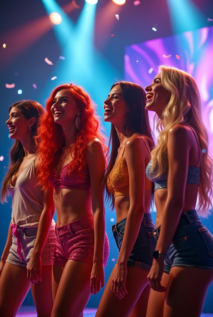 Four girl pop star group on stage singing, all beautiful, one redhead, two brunettes, and one blonde