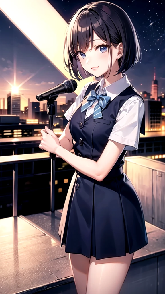 highest quality, ultramarine short bob high school girl, blue eyes,smile, School uniforms, School rooftop, A live singing stage held on the school rooftop,Live stage singing,Dark rooftop at night