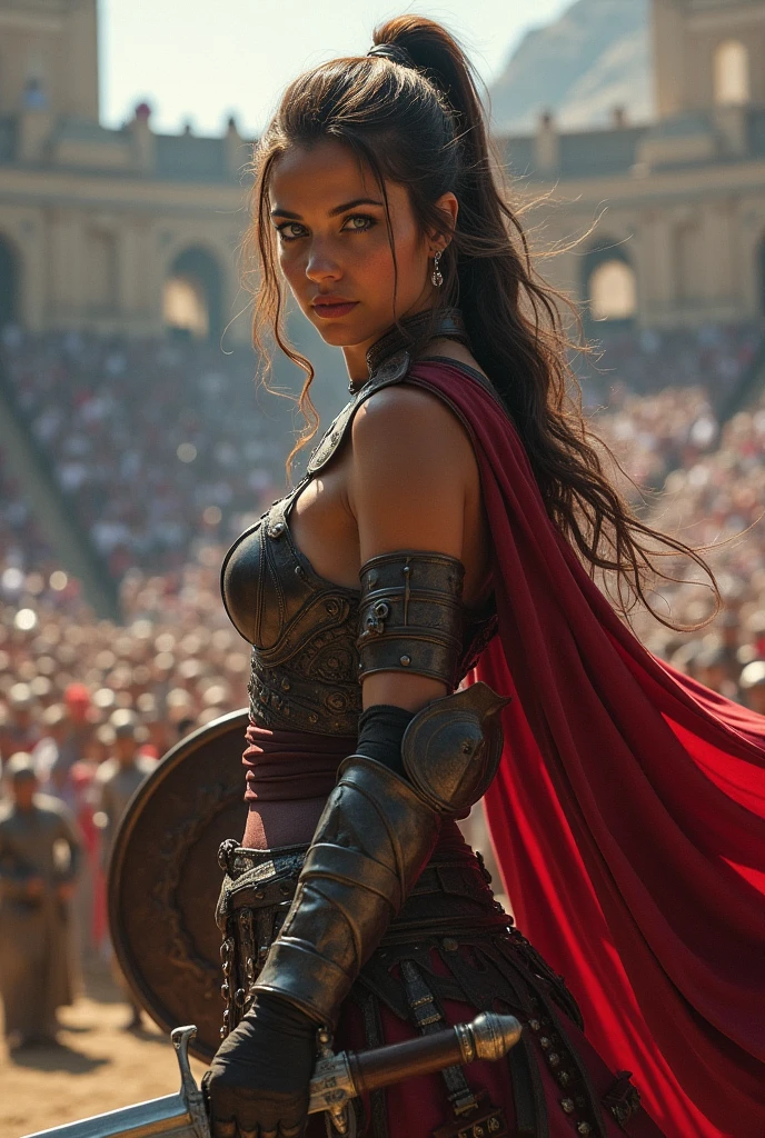 ((masterpiece, highest quality, Highest image quality, High resolution, photorealistic, Raw photo, 8K)), ((Extremely detailed CG unified 8k wallpaper)), (huge stunning goddess shot, very hot and sexy, jaw-dropping beauty, perfect proportions, close up image, beautiful body, large natural , cleavage, slim body beauty:1.4), arafed woman in armor holding a sword and shield, portrait of a barbarian female, north female warrior, a very beautiful berserker woman, north adult female warrior, red cape, female barbarian, female warrior, portrait of a barbarian woman, barbarian warrior woman, very beautiful female barbarian, large natural breasts, ample cleavage, barbarian class, hair in a pony tail, warrior woman, portrait of a woman warrior, rpg portrait concept art, (beautiful warrior, holding short sword and small shield, Wearing a red scarf, leather armor), (brown hair, blue eyes, dark skin), (amphitheatre, Fighting while being watched by the crowd, motion blur), movie poster