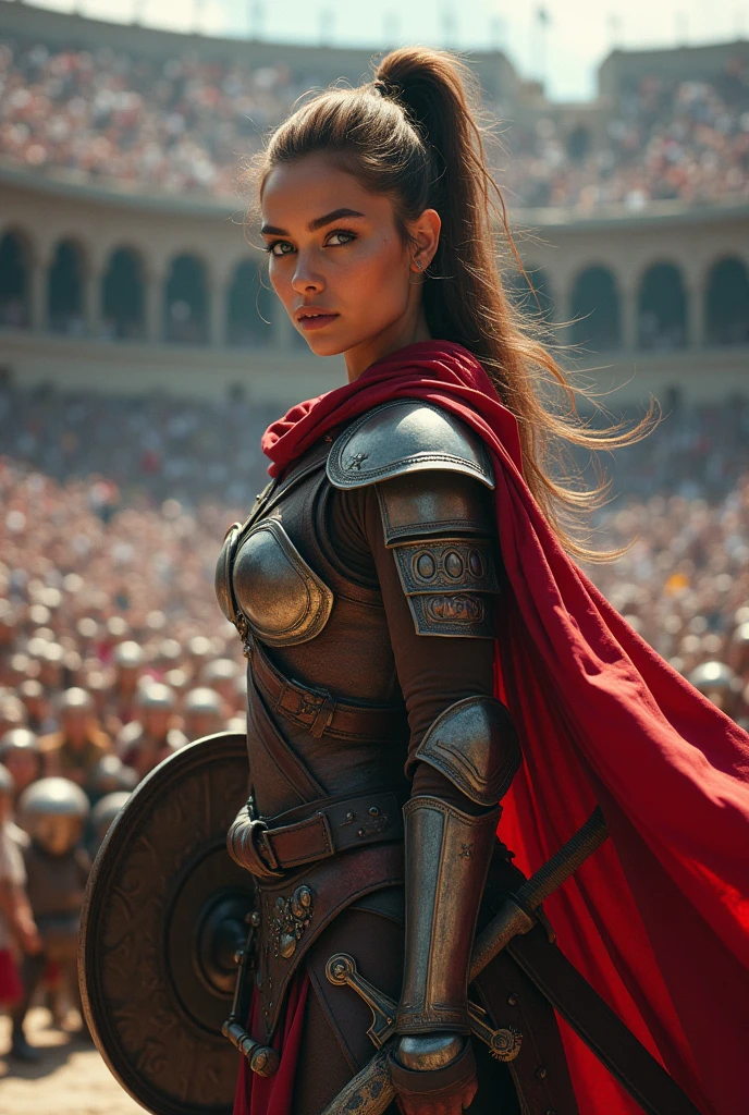 ((masterpiece, highest quality, Highest image quality, High resolution, photorealistic, Raw photo, 8K)), ((Extremely detailed CG unified 8k wallpaper)), (huge stunning goddess shot, very hot and sexy, jaw-dropping beauty, perfect proportions, close up image, beautiful body, large natural , cleavage, slim body beauty:1.4), arafed woman in armor holding a sword and shield, portrait of a barbarian female, north female warrior, a very beautiful berserker woman, north adult female warrior, red cape, female barbarian, female warrior, portrait of a barbarian woman, barbarian warrior woman, very beautiful female barbarian, large natural breasts, ample cleavage, barbarian class, hair in a pony tail, warrior woman, portrait of a woman warrior, rpg portrait concept art, (beautiful warrior, holding short sword and small shield, Wearing a red scarf, leather armor), (brown hair, blue eyes, dark skin), (amphitheatre, Fighting while being watched by the crowd, motion blur), movie poster